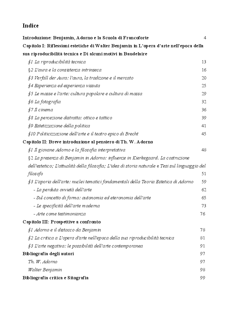 Indice della tesi: Tra l'Aura e lo Choc: le possibilità dell'arte nel pensiero di W. Benjamin e Th. W. Adorno, Pagina 1