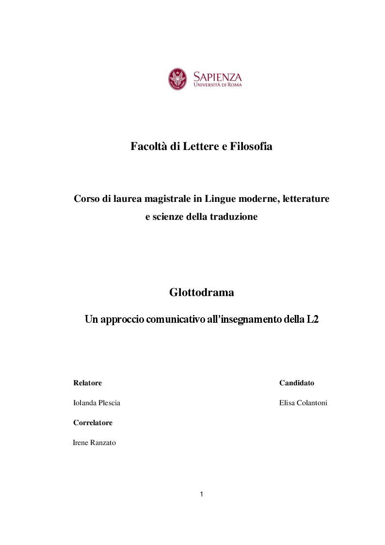 Anteprima della tesi: Glottodrama. Un approccio comunicativo all'insegnamento della L2, Pagina 1