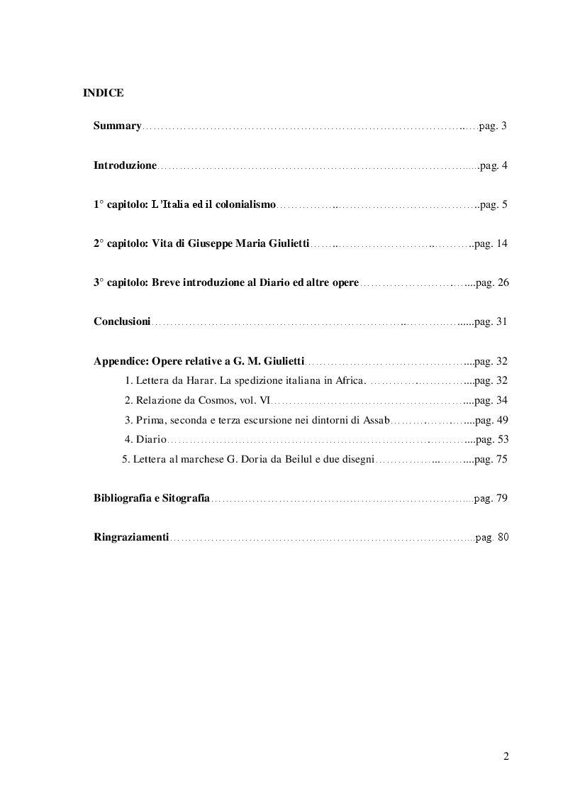 Indice della tesi: Il colonialismo italiano in Africa: l'esperienza di Giuseppe Maria Giulietti, Pagina 1