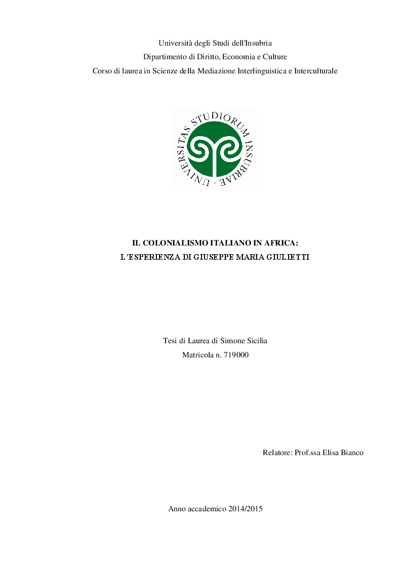 Anteprima della tesi: Il colonialismo italiano in Africa: l'esperienza di Giuseppe Maria Giulietti, Pagina 1