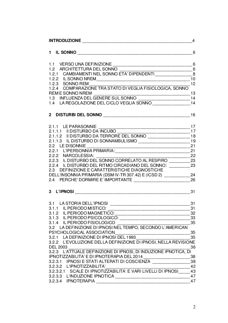 Indice della tesi: L'ipnosi nel trattamento dei disturbi del sonno, Pagina 1