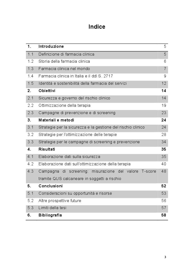 Indice della tesi: Il farmacista clinico territoriale. Opportunità, competenze e prospettive designate dal ddl S.2717. Esperienza in farmacie e studi medici territoriali., Pagina 1