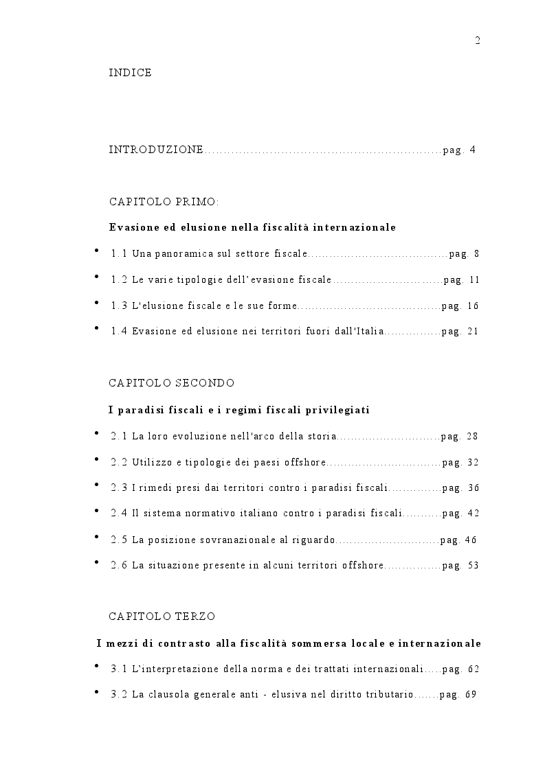 Indice della tesi: I paradisi fiscali: territori e normative, Pagina 1