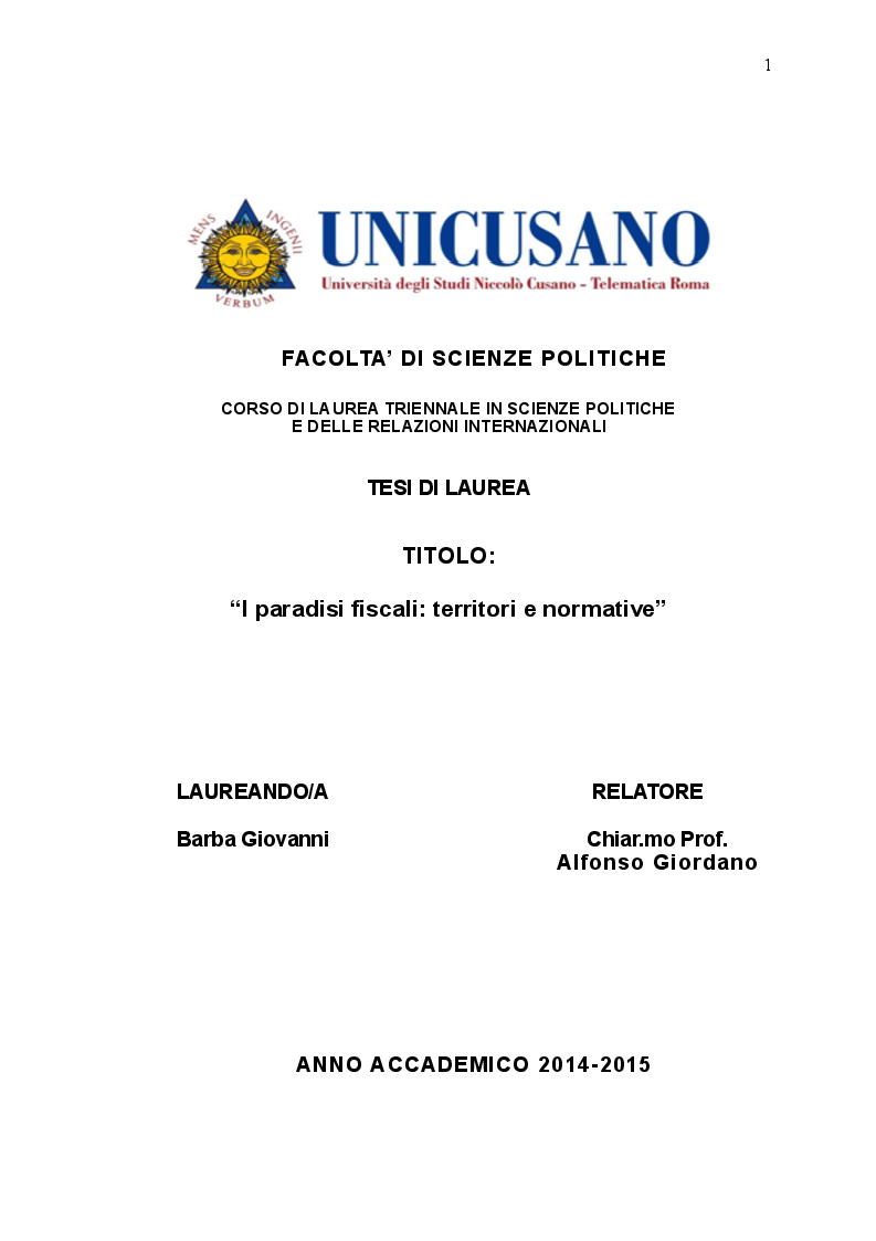 Anteprima della tesi: I paradisi fiscali: territori e normative, Pagina 1