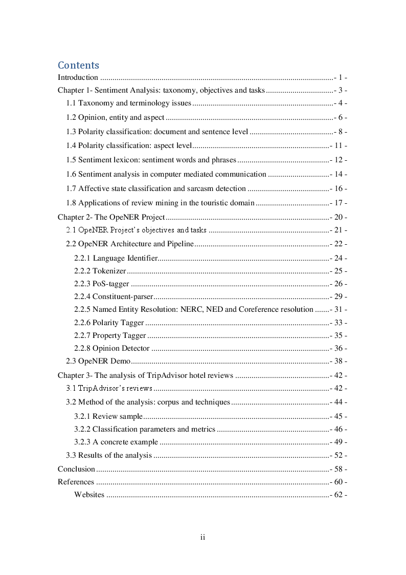 Indice della tesi: Sentiment Analysis: Polarity Classification of TripAdvisor's Hotel Reviews, Pagina 1