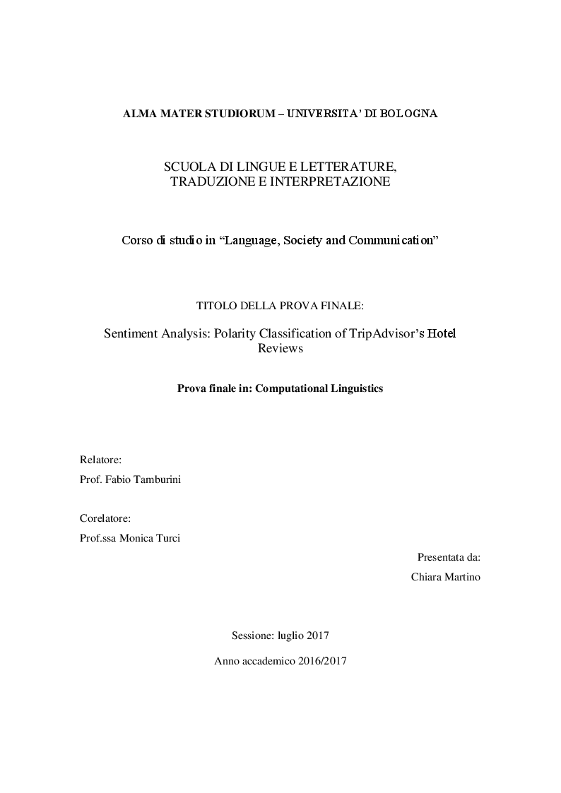 Anteprima della tesi: Sentiment Analysis: Polarity Classification of TripAdvisor's Hotel Reviews, Pagina 1