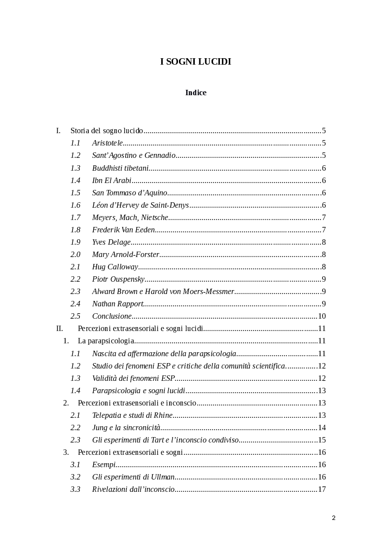 Indice della tesi: Sogni Lucidi, Pagina 1