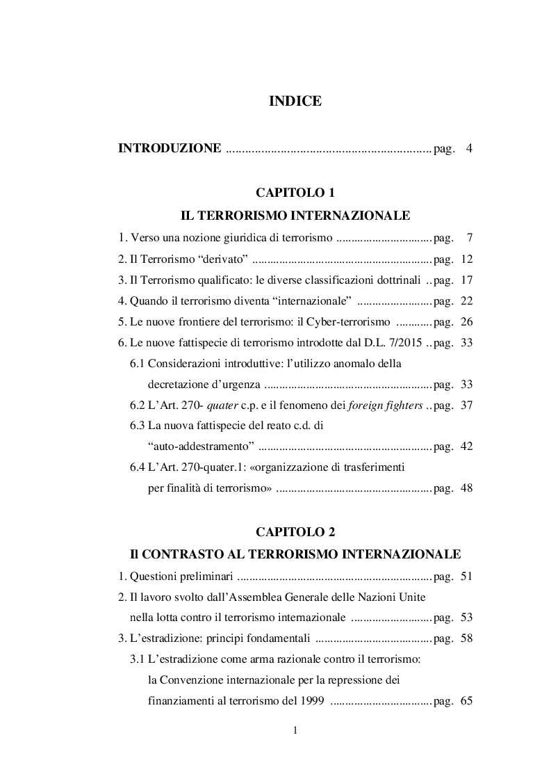 Indice della tesi: Il contrasto al terrorismo internazionale e cooperazione giudiziaria nell'UE, Pagina 1