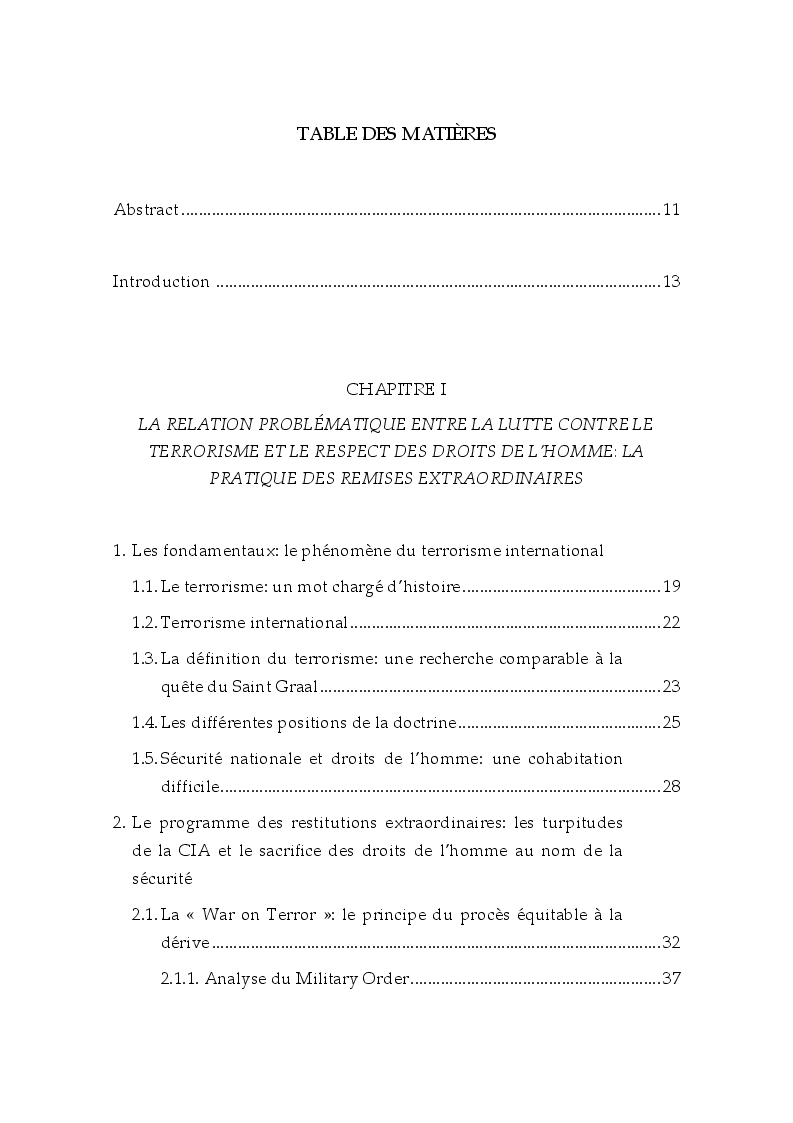 Indice della tesi: Les restitutions extraordinaires: une nouvelle forme de torture? Considérations et réflexions à la lumière de l'affaire Abou Omar, Pagina 1