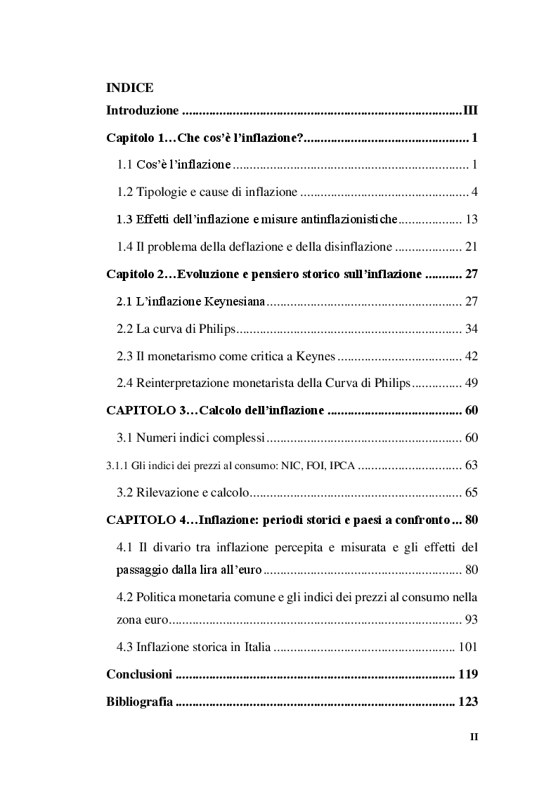 Indice della tesi: L'inflazione: tesi, misurazione ed evoluzione storica, Pagina 1