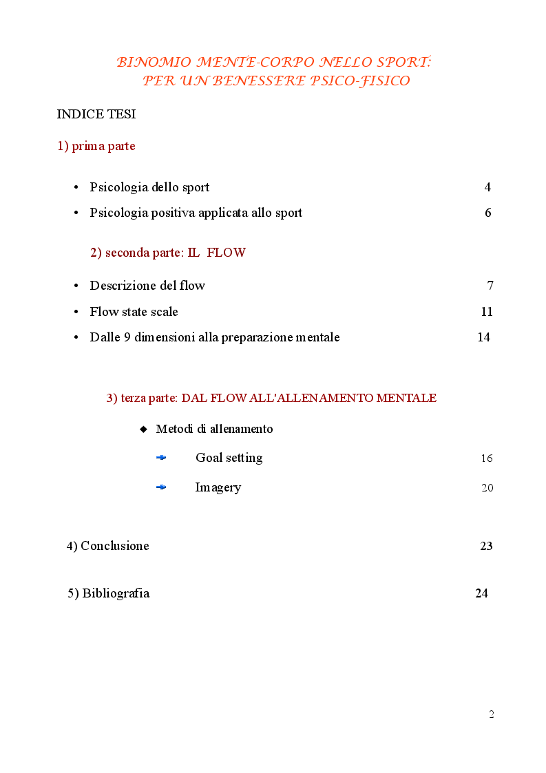 Indice della tesi: Binomio mente-corpo nello sport: per un benessere psico-fisico, Pagina 1