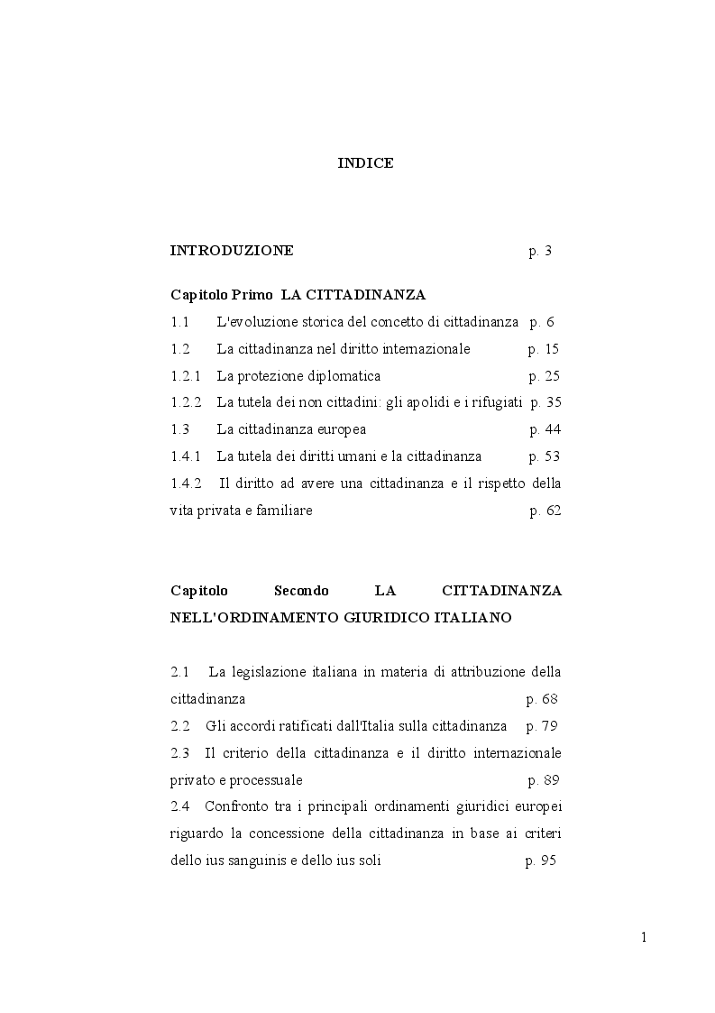 Indice della tesi: Il diritto alla cittadinanza per i minori stranieri nati in Italia, Pagina 1