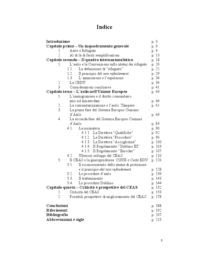 Indice della tesi: L'asilo nell'Unione Europea. Un'analisi critica, Pagina 1