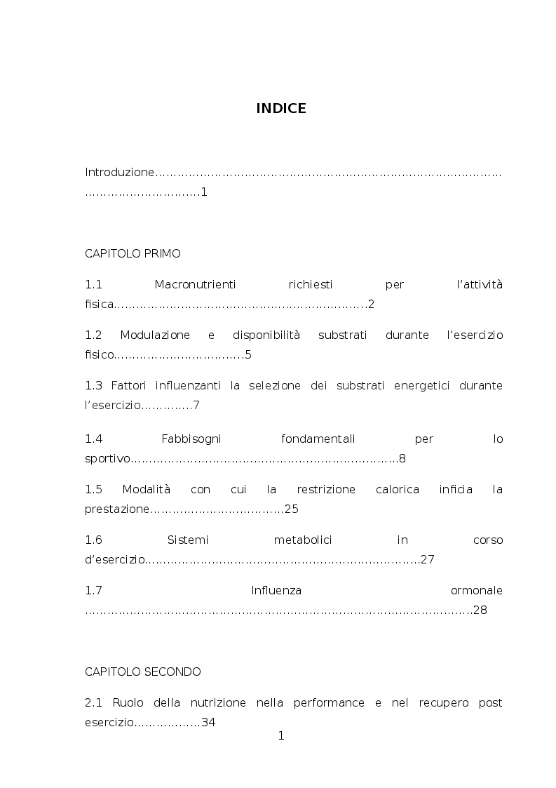 Indice della tesi: Evidenze nutrizionali per il recupero muscolare nell'atleta di endurance, Pagina 1