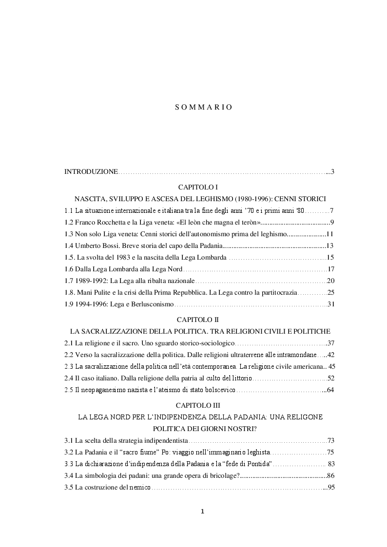 Indice della tesi: Miti e riti della politica nel '900. Il caso della Lega Nord, Pagina 1