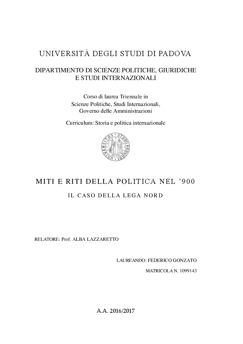 Anteprima della tesi: Miti e riti della politica nel '900. Il caso della Lega Nord, Pagina 1