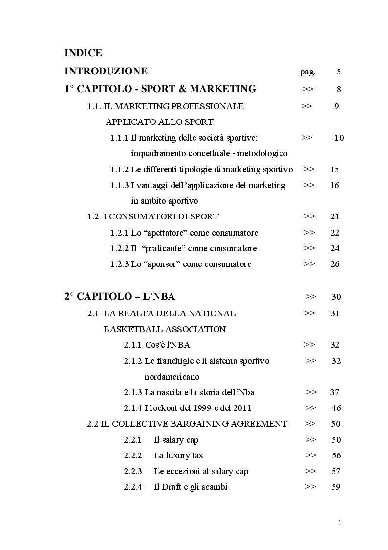 Indice della tesi: Differenze nell'ambito del marketing tra Nba e Lega Basket serie A. il caso Mens Sana Basket Siena., Pagina 1