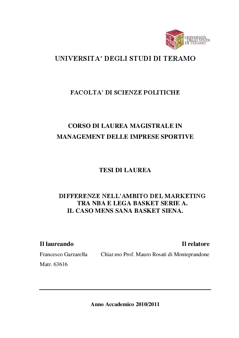 Anteprima della tesi: Differenze nell'ambito del marketing tra Nba e Lega Basket serie A. il caso Mens Sana Basket Siena., Pagina 1