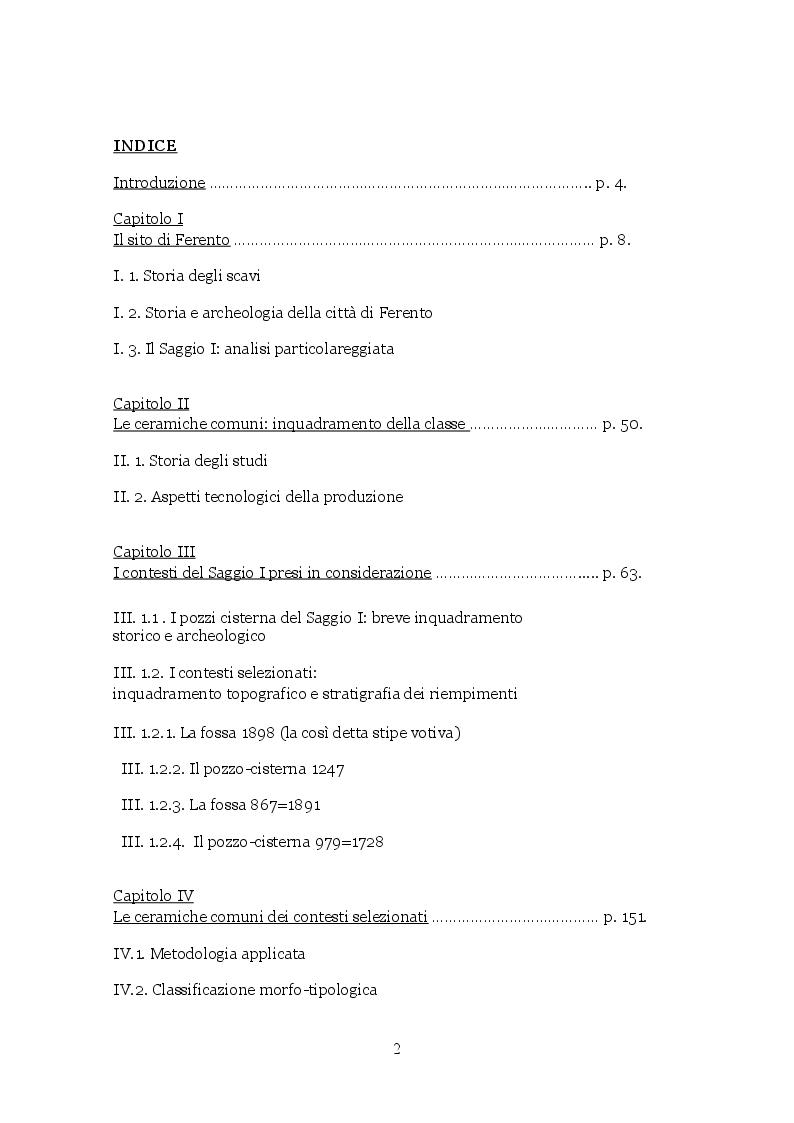Indice della tesi: Le ceramiche comuni di alcuni contesti chiusi del Saggio I di Ferento, Pagina 1