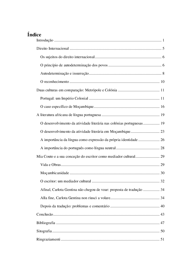 Indice della tesi: A literatura como expressão da identidade nacional. A visão do escritor como mediador cultural na Obra de Mia Couto, Pagina 1
