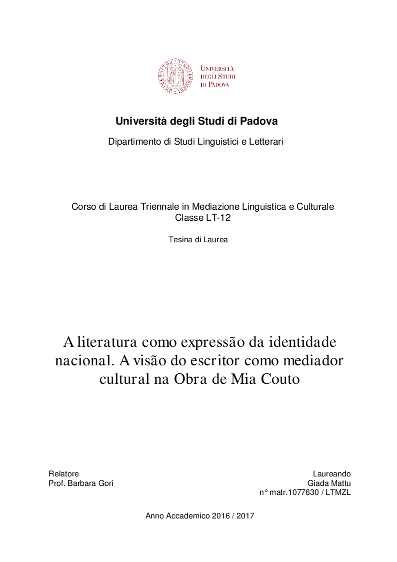 Anteprima della tesi: A literatura como expressão da identidade nacional. A visão do escritor como mediador cultural na Obra de Mia Couto, Pagina 1
