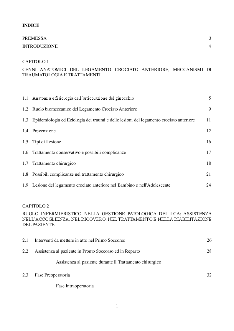 Indice della tesi: Assistenza Infermieristica nella Traumatologia del Legamento Crociato Anteriore, Pagina 1