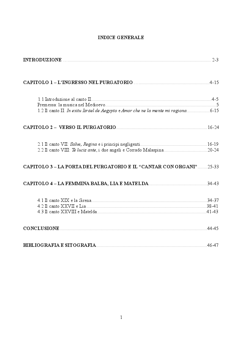 Indice della tesi: Musica Sacra e Profana nel Purgatorio, Pagina 1