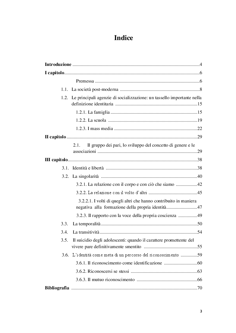 Indice della tesi: Cercando Itaca. L'itinerario dell'adolescente verso la configurazione della propria identità, Pagina 1