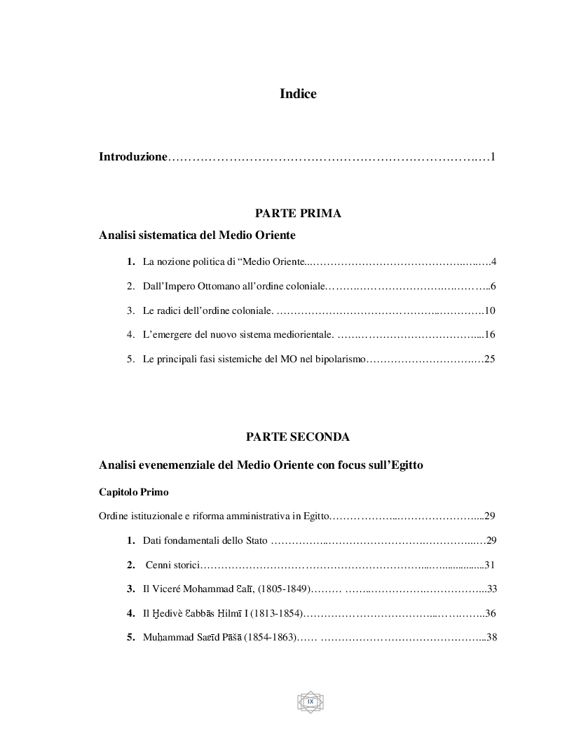 Indice della tesi: Il Medio Oriente: dalla crisi dell'Impero ottomano ai regimi post- coloniali con focus sull'Egitto, Pagina 1
