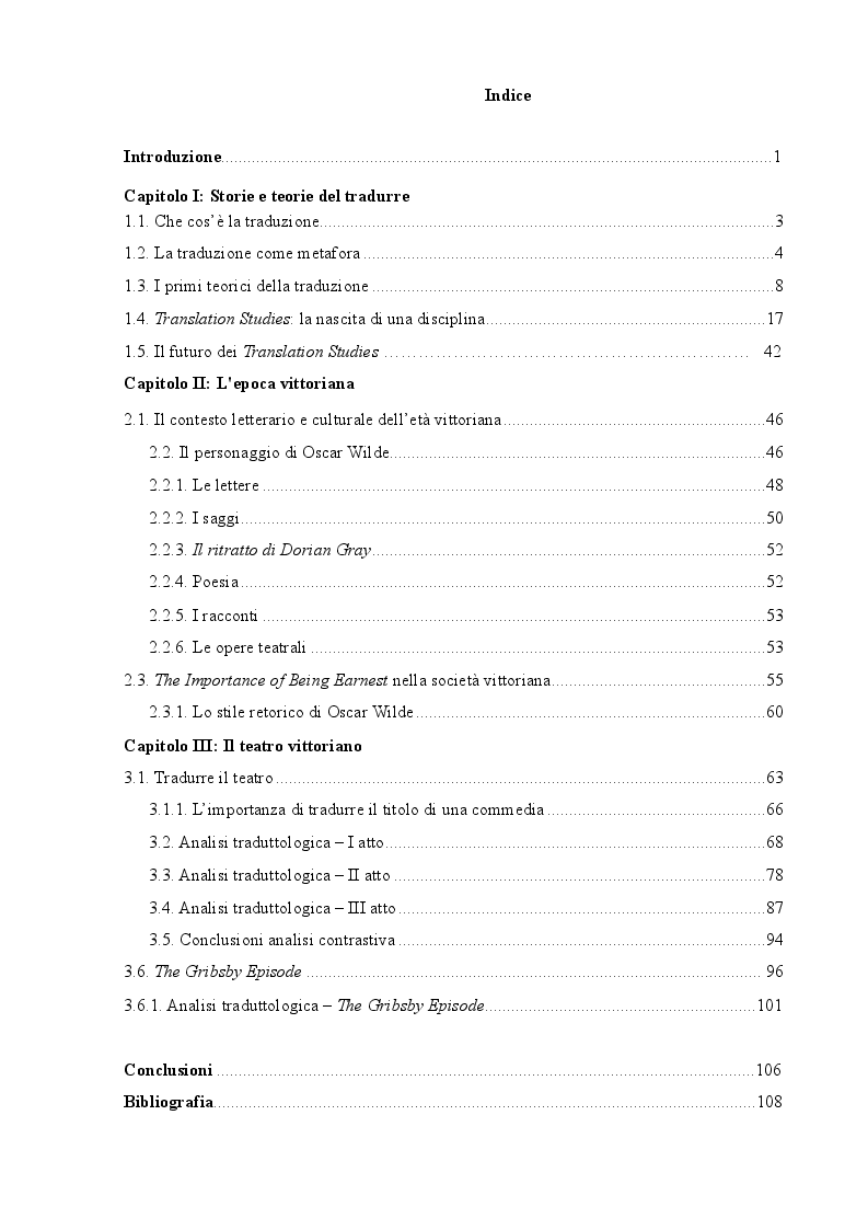 Indice della tesi: ''The Importance of Being Earnest'': tre traduzioni italiane a confronto, Pagina 1