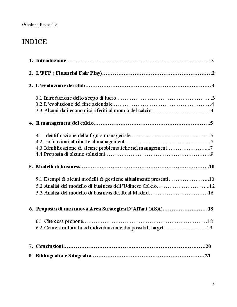 Indice della tesi: Il management del calcio, Pagina 1