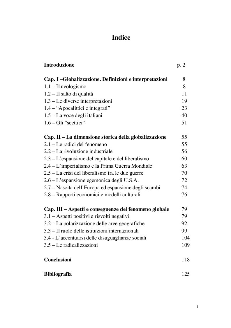Indice della tesi: Globalizzazione e dinamiche Socioantropologiche nel sistema transnazionale contemporaneo, Pagina 1