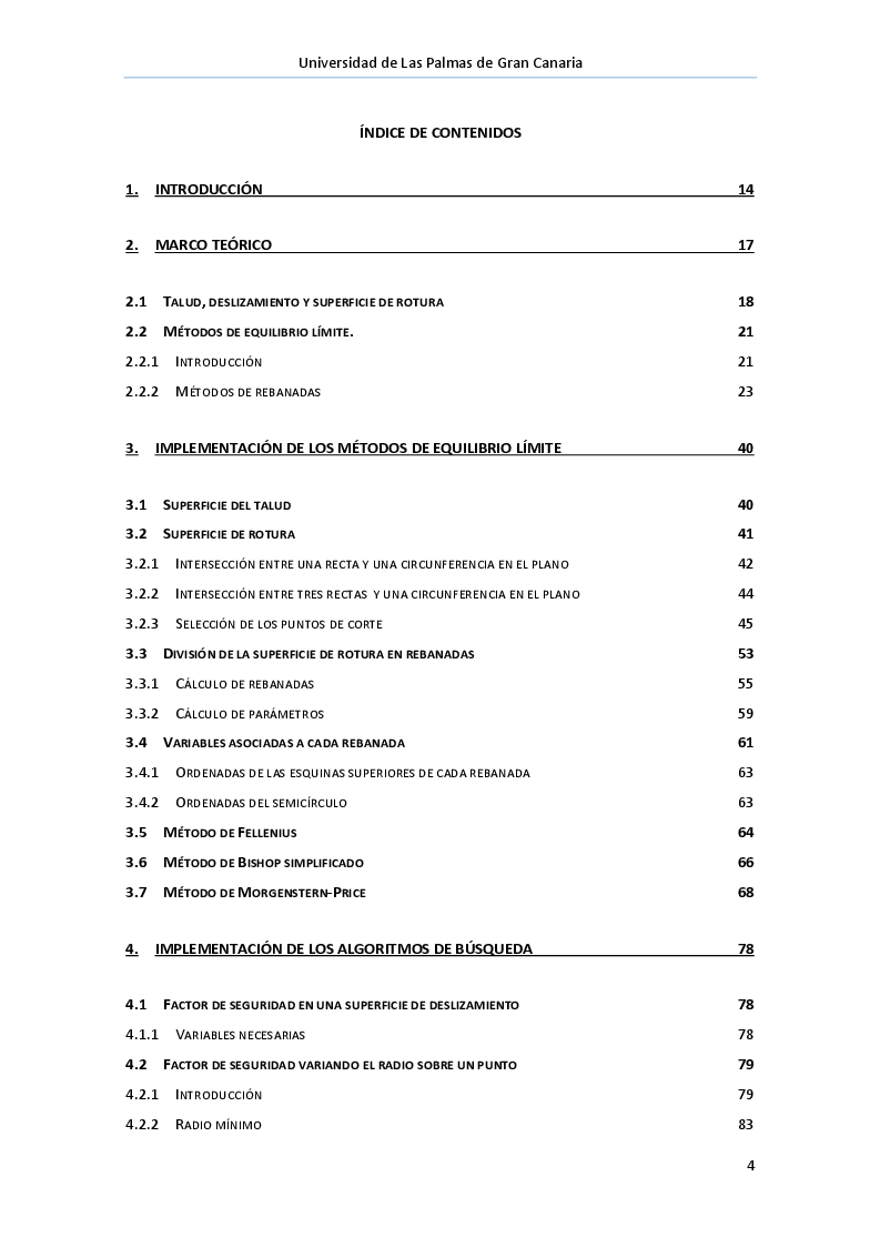 Indice della tesi: Programa para el cálculo de estabilidad de taludes mediante el método de Morgenstern-Price , Pagina 1