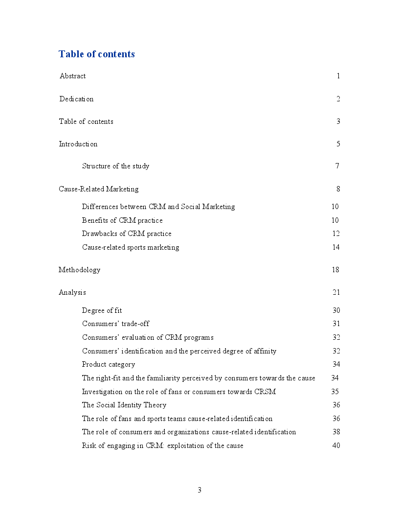 Indice della tesi: Cause-Related Marketing and the U.S. Sports Industry, Pagina 1