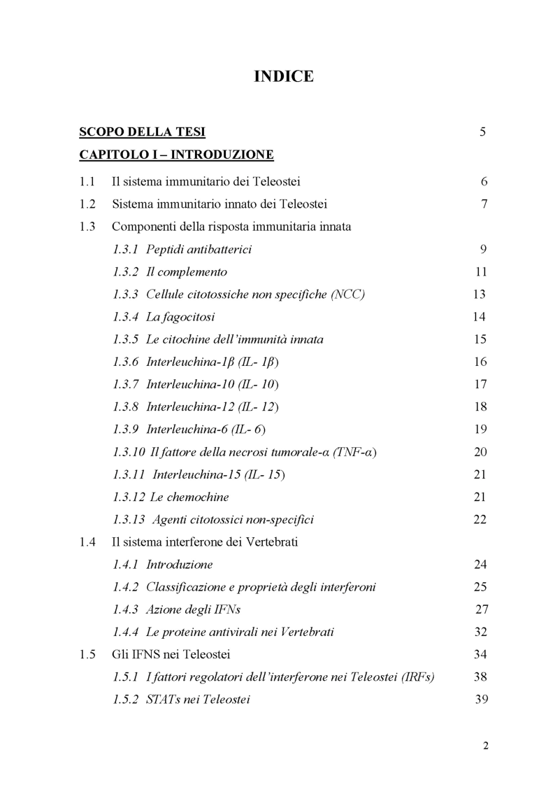 Indice della tesi: Evoluzione dell'interferone nei vertebrati: caratterizzazione molecolare dell'interferone di orata (sparus aurata), Pagina 1