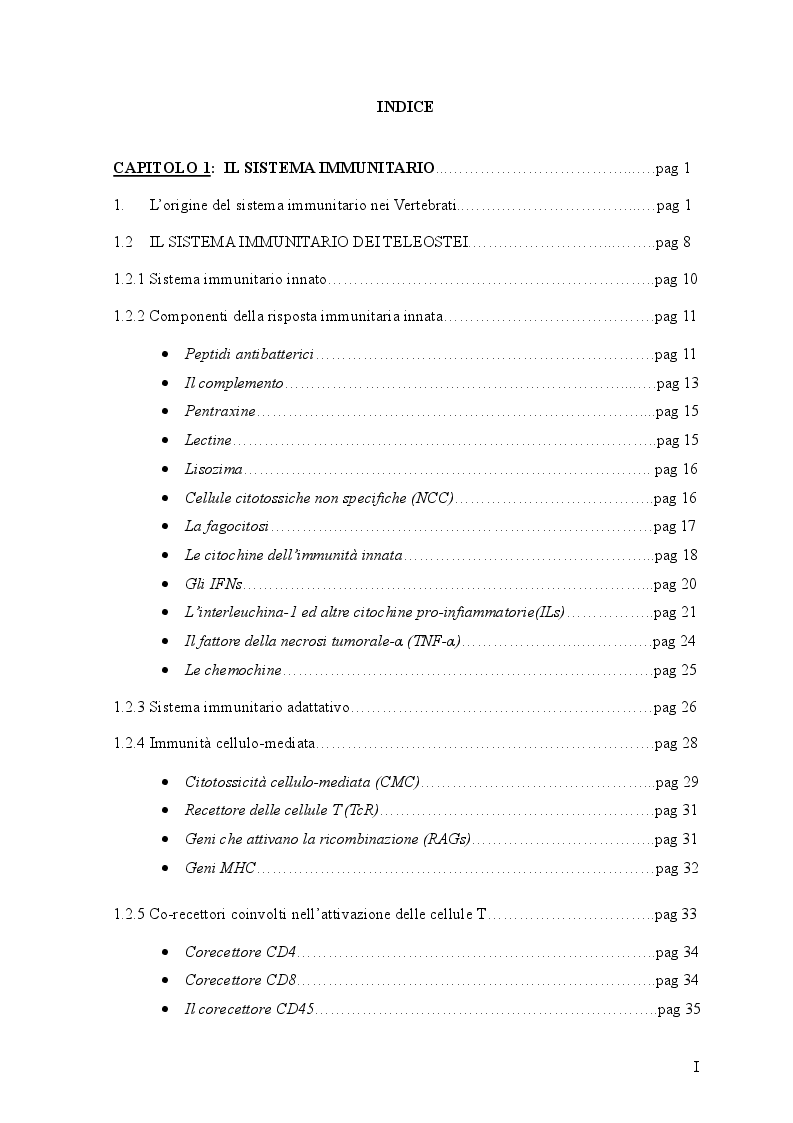 Indice della tesi: Risposte immunitarie nei vertebrati ectotermi: attività cellulari e molecolari di leucociti del Teleosteo Dicentrarchus labrax, Pagina 1