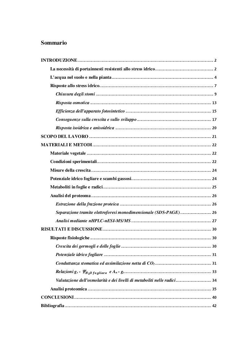 Indice della tesi: Risposte biochimiche e fisiologiche allo stress idrico in vite (Vitis vinifera L.), Pagina 1