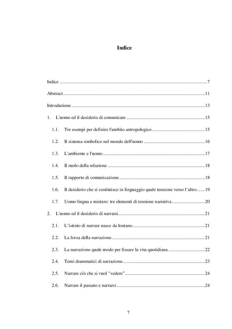 Indice della tesi: Il desiderio di narrarsi attraverso il gioco: una proposta ludica, Pagina 1