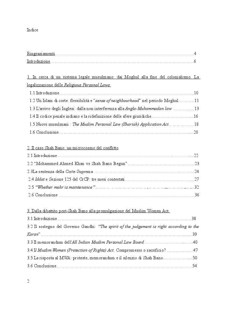 Indice della tesi: Shah Bano, Muslim Personal Law e Secolarismo: il caso di una donna musulmana nell'India degli anni '80, Pagina 1