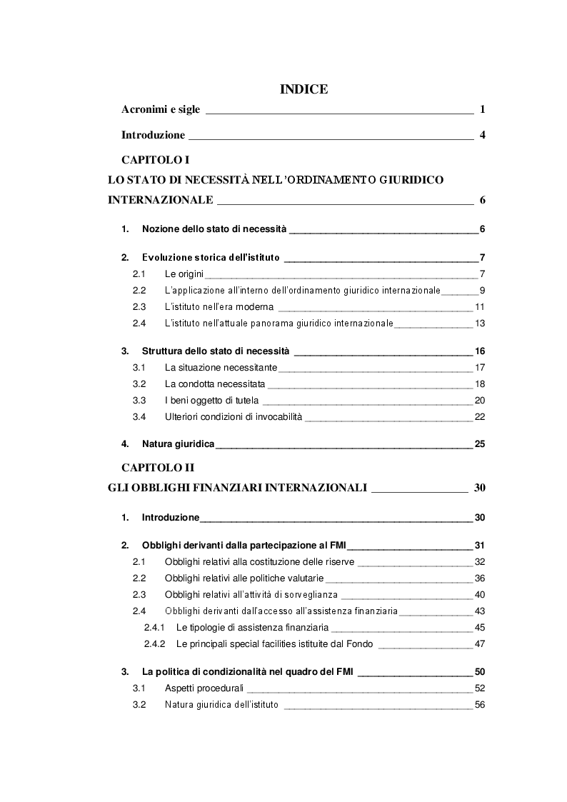 Indice della tesi: Stato di necessità e obblighi finanziari internazionali: la crisi greca, Pagina 1