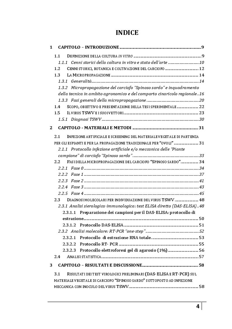 Indice della tesi: La coltura in vitro di apici meristematici: la micropropagazione del carciofo "Spinoso sardo" come tecnica di risanamento e moltiplicazione in vitro di germoplasma infetto dal virus TSWV (Tomato-spotted-wilt-virus), Pagina 1