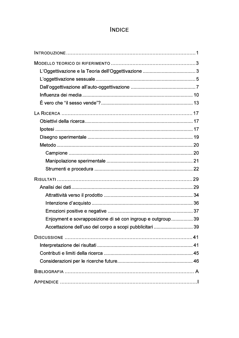 Indice della tesi: Oggettivazione Sessuale Maschile e Femminile nella Pubblicità, Pagina 1