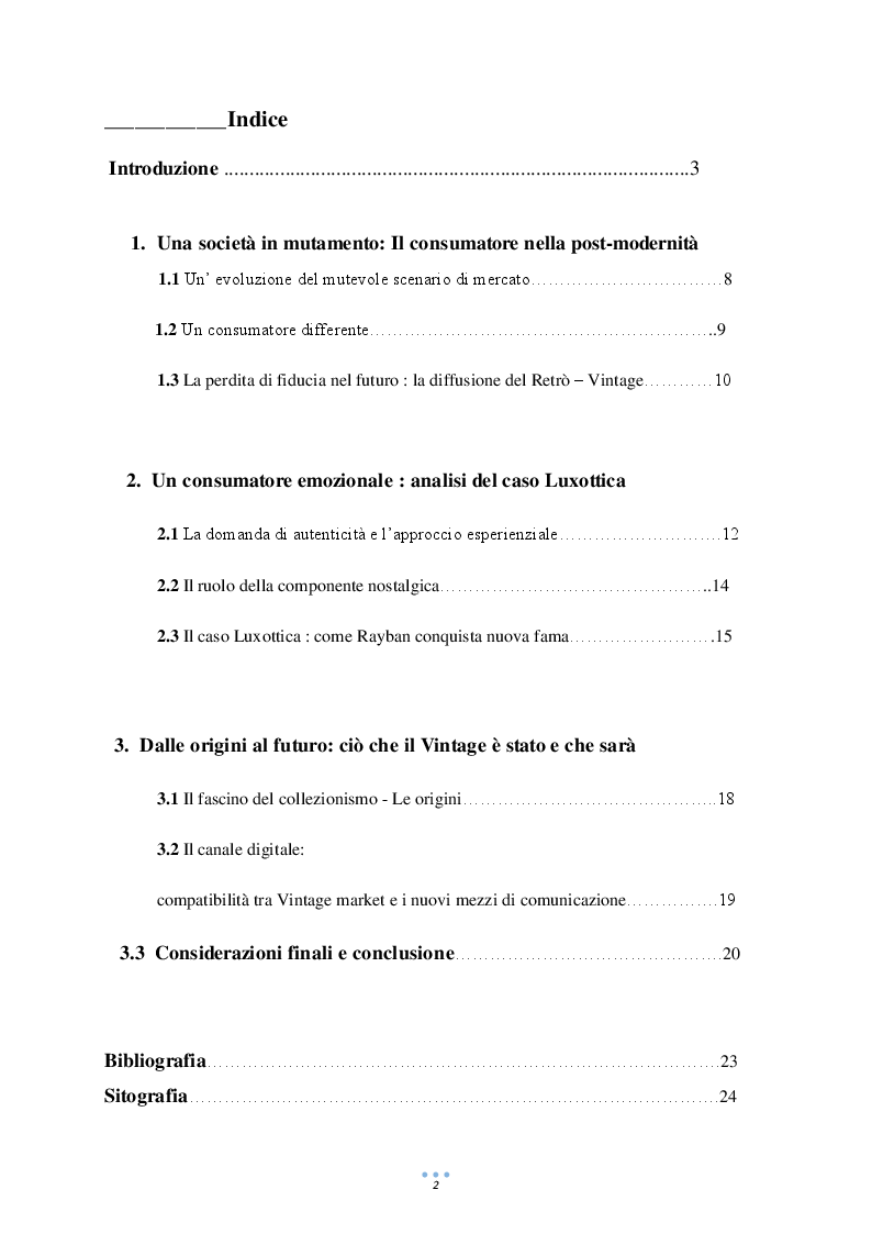Indice della tesi: Il Fascino del Retro-Marketing. Il caso Luxottica., Pagina 1
