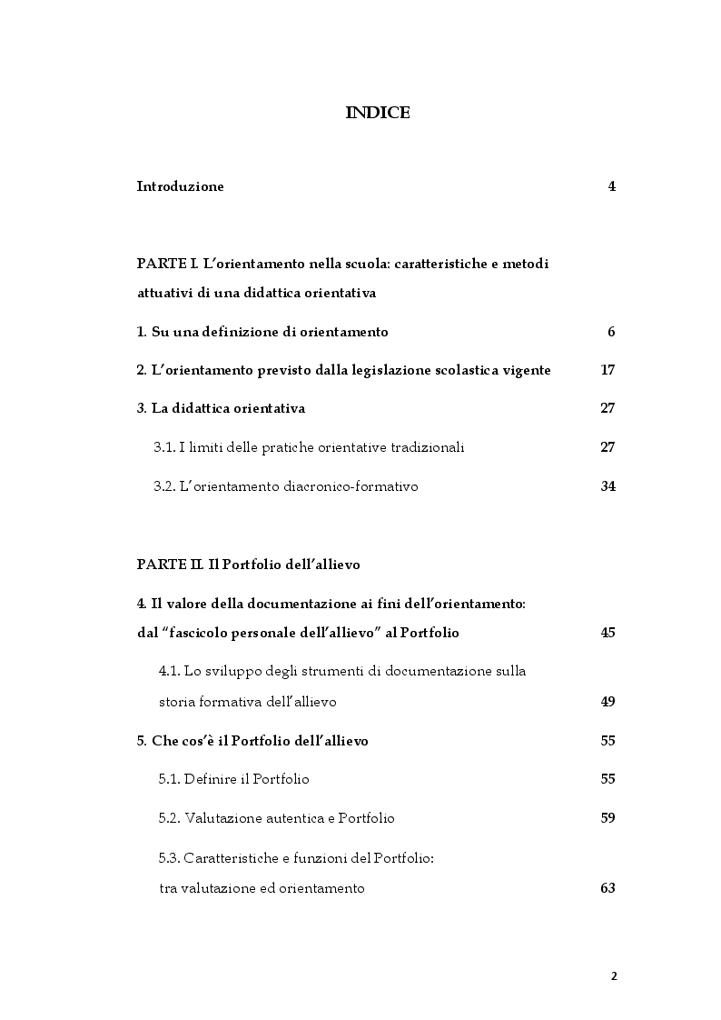 Indice della tesi: L'ePortfolio come strumento per l'orientamento diacronico-formativo, Pagina 1
