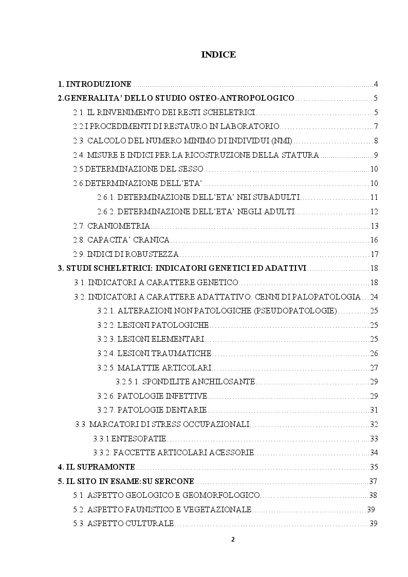 Indice della tesi: I resti scheletrici umani di Su Sercone (Orgosolo), Pagina 1