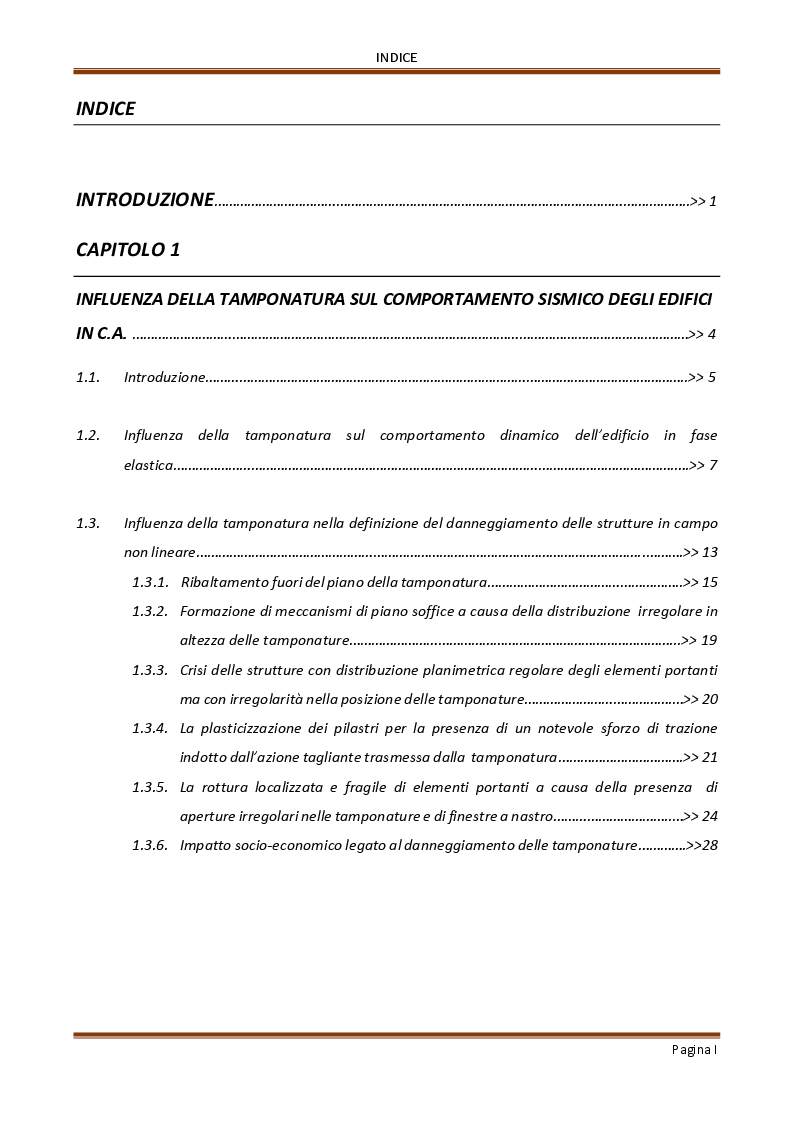 Indice della tesi: Influenza delle tamponature sulla risposta dinamica di edifici in cemento armato, Pagina 1