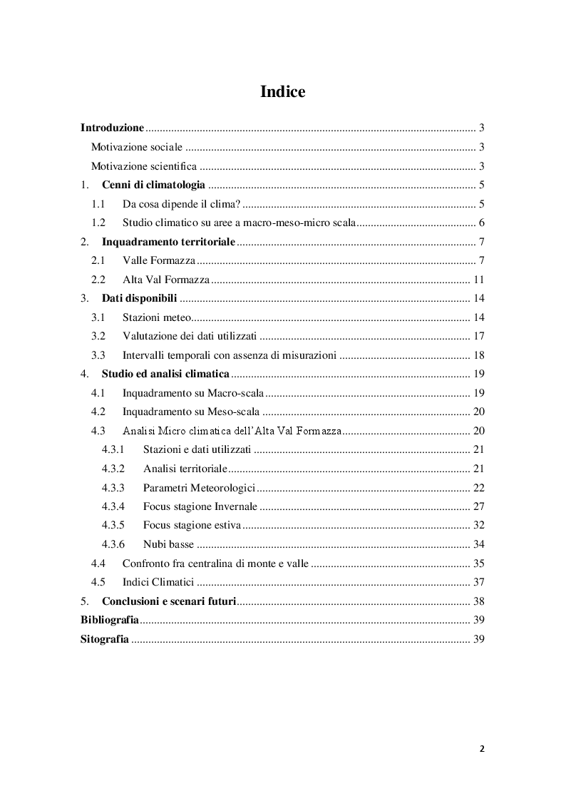 Indice della tesi: Studio ed Analisi microclimatica riguardante il settore alpino dell'Alta Val Formazza, Pagina 1