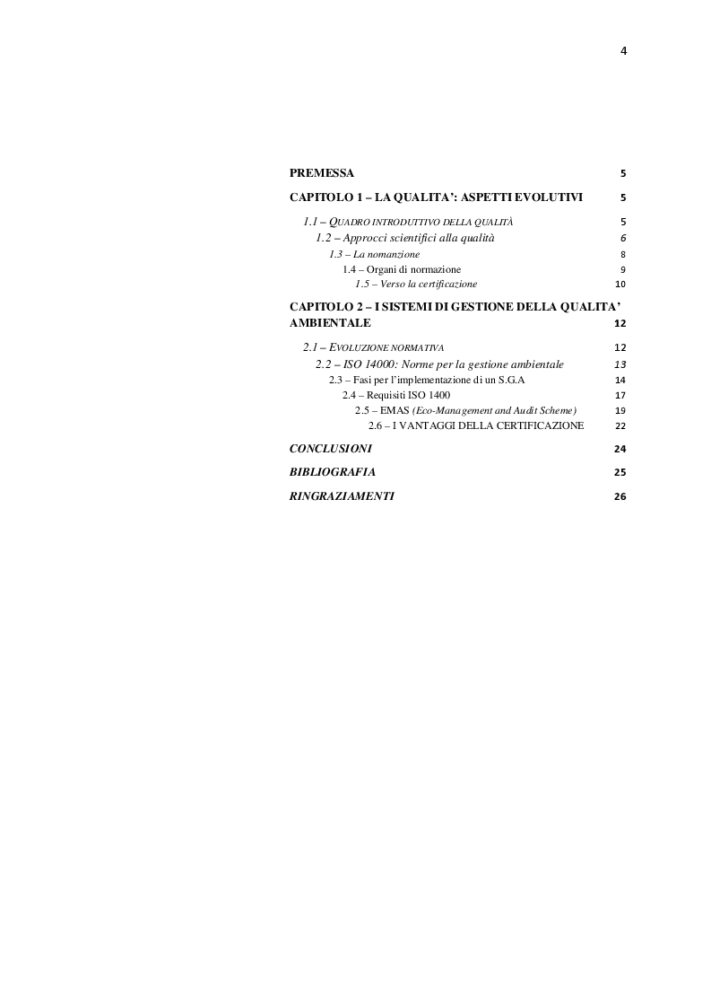 Indice della tesi: Evoluzione dei sistemi di gestione ambientale, Pagina 1