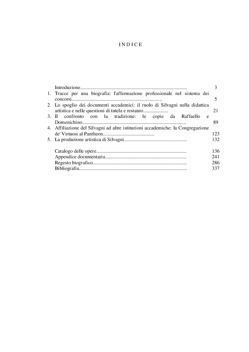 Indice della tesi: Giovanni Silvagni (1790-1853) pittore romano tra Neoclassicismo e Restaurazione, Pagina 1