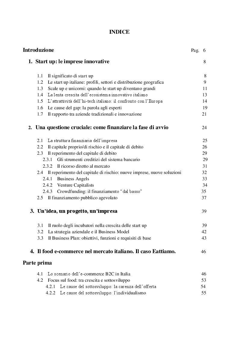Indice della tesi: Start up: una nuova idea d'impresa. Il caso Eattiamo, Pagina 1